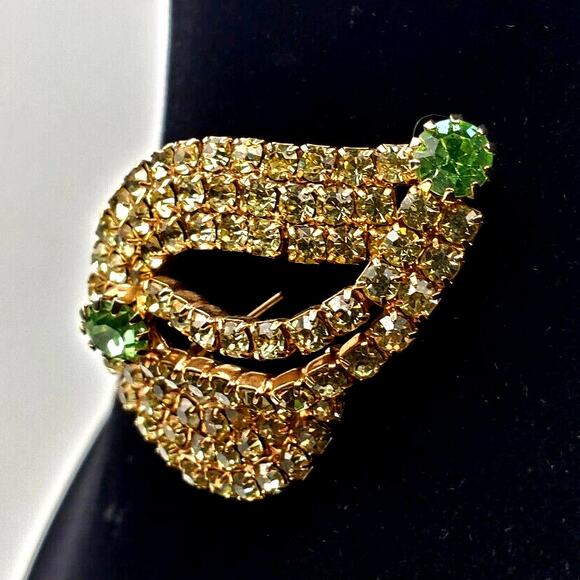 Citrine Green Rhinestone Jewelry Set Brooch Clip Earrings Gold Tone Demi Vintage - Picture 6 of 8